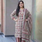 Kala Creation Geometric Printed Neckline Mirror Work Cotton Kurta With Pant & Dupatta Set