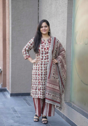 Kala Creation Geometric Printed Neckline Mirror Work Cotton Kurta With Pant & Dupatta Set