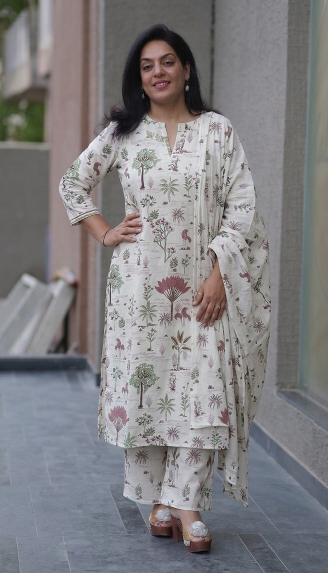 Kala Creation Printed Cotton Kurta With Pant & Dupatta Set
