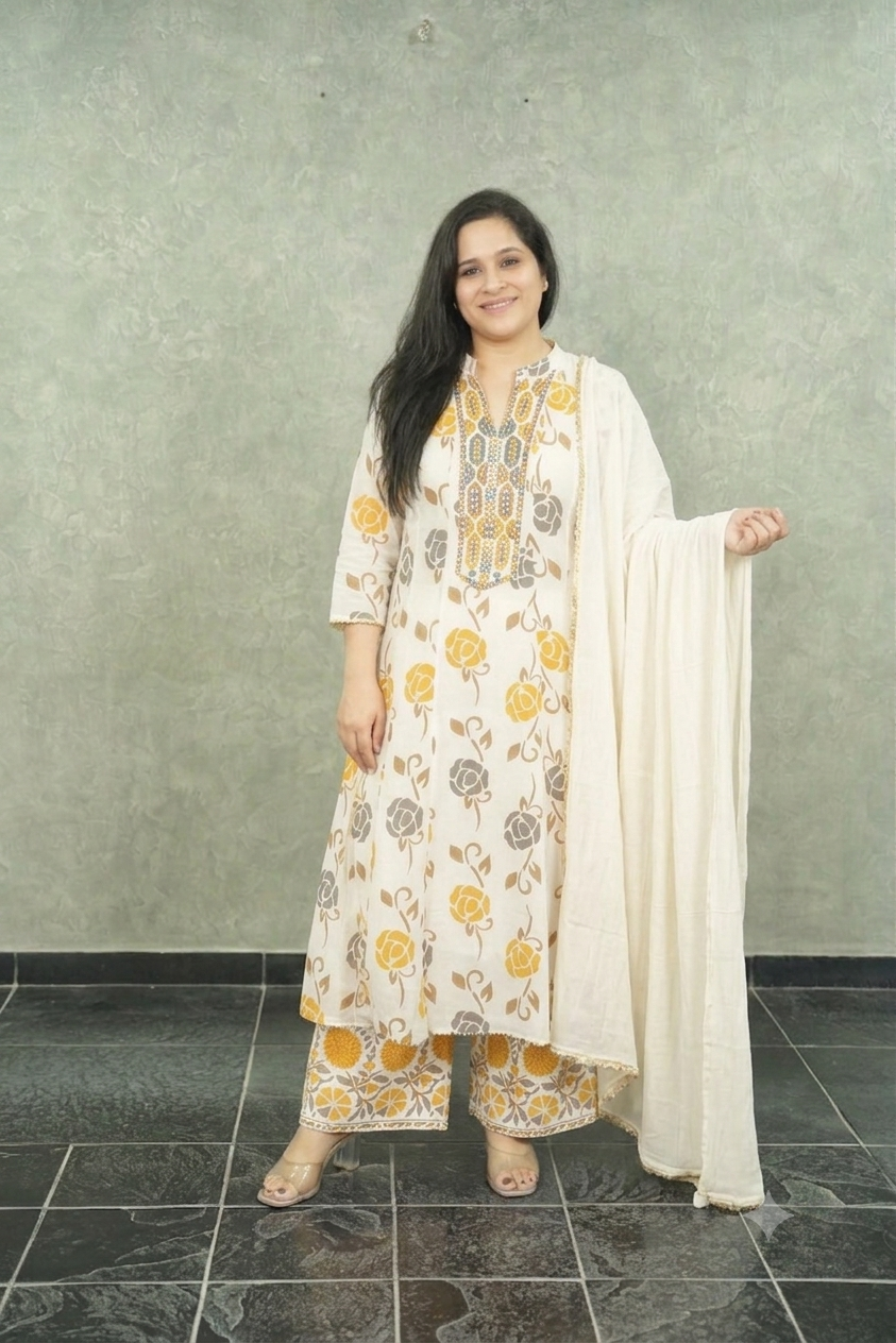 Kala Creation Elegant Block Print A-Line Kurta Set With Matching Pant And Dupatta Set