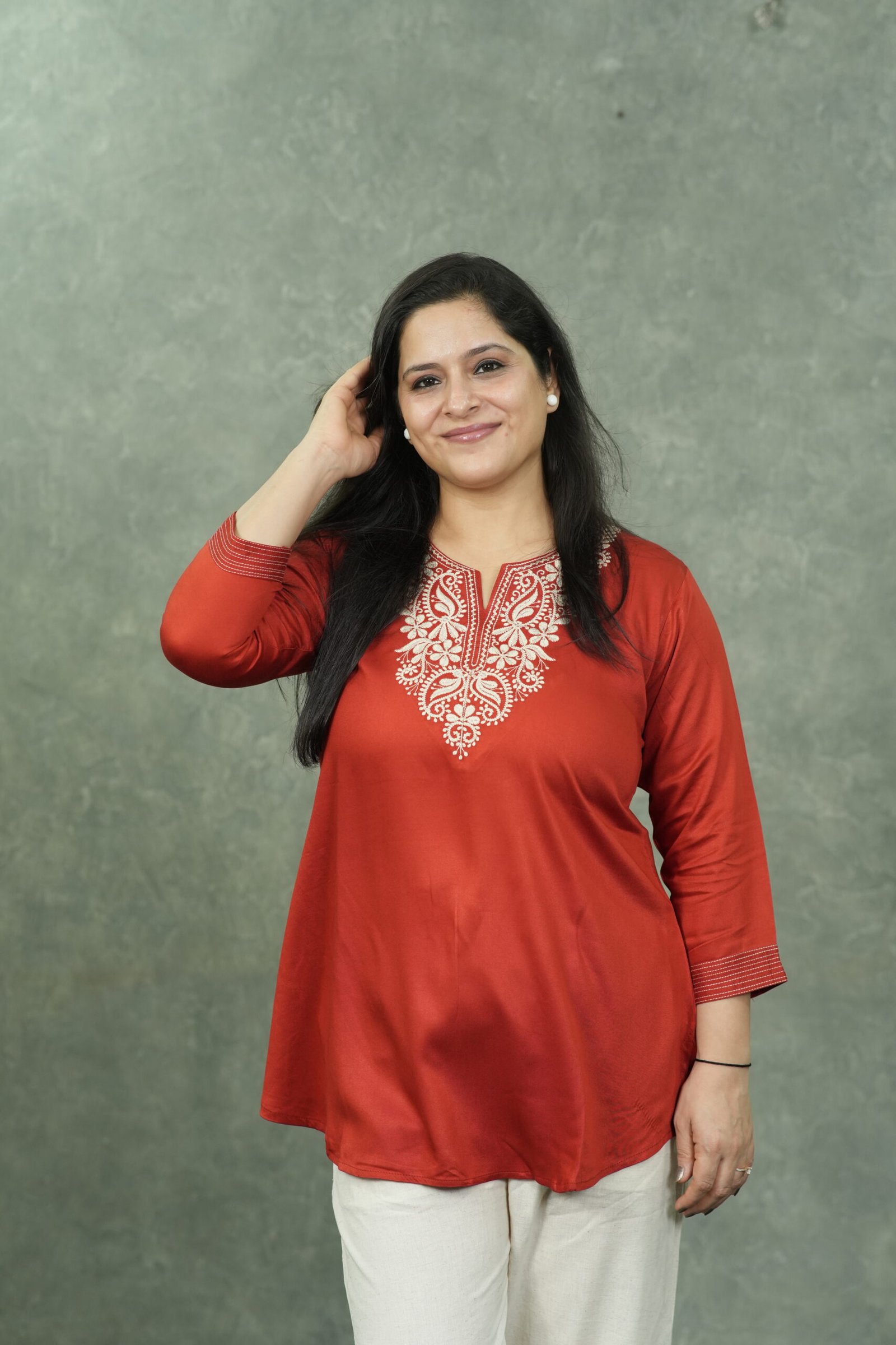 Kala Creation Stylish Short Kurti - Elegant Embroidered Neck Design