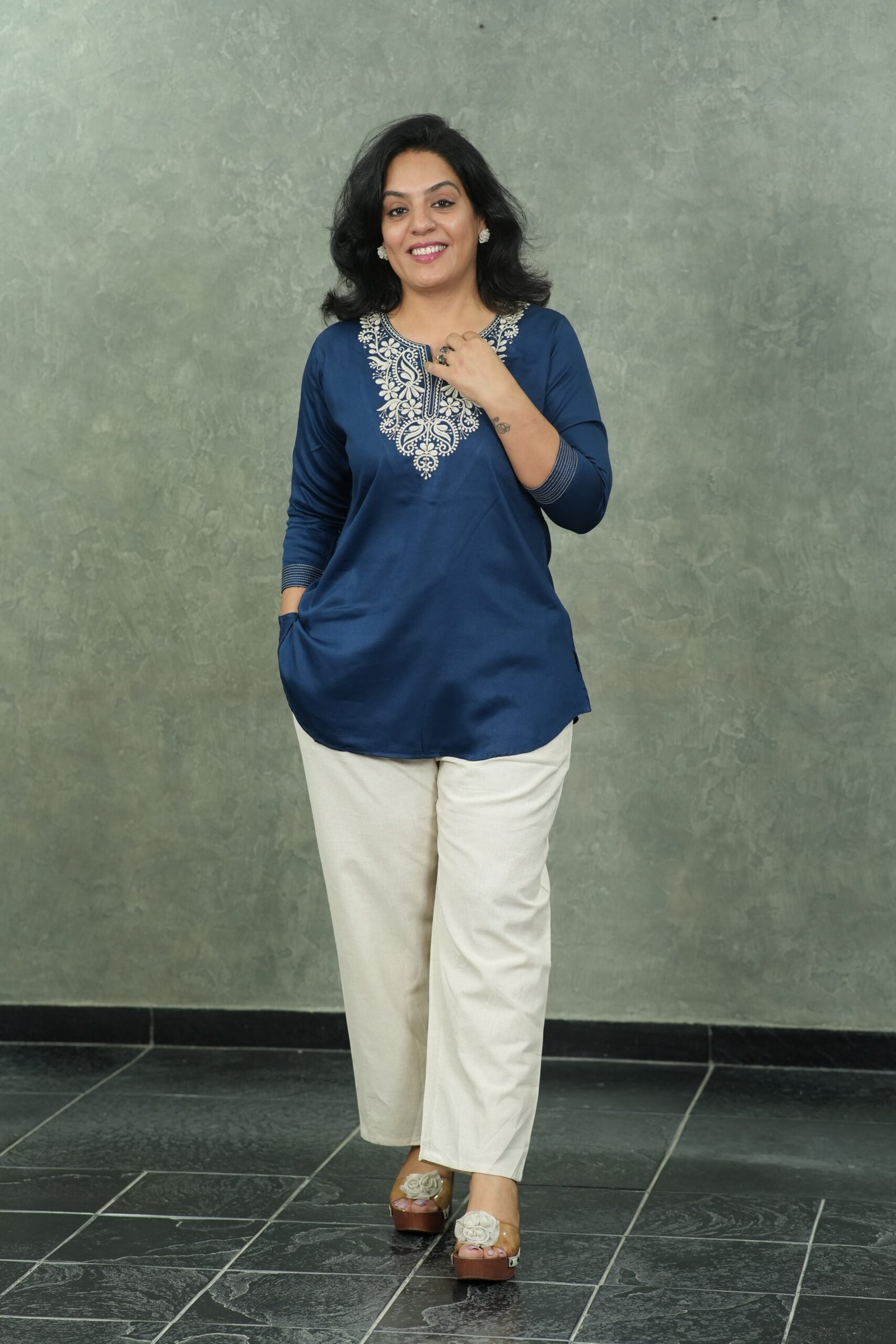 Kala Creation Stylish Short Kurti - Elegant Embroidered Neck Design