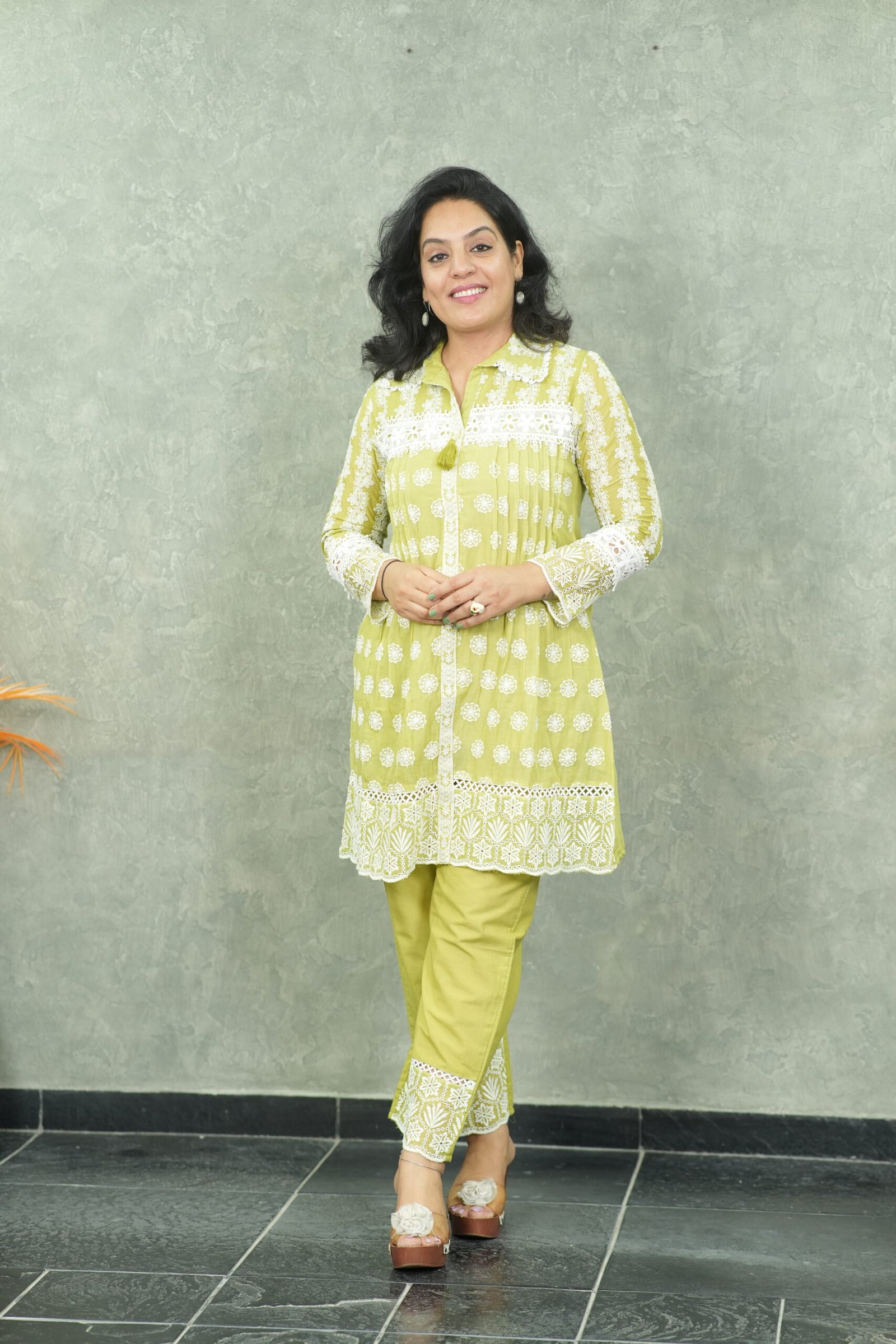 Kala Creation Women's Premium Chikankari Embroidered Cotton Co-Ord Set With Lace Detail