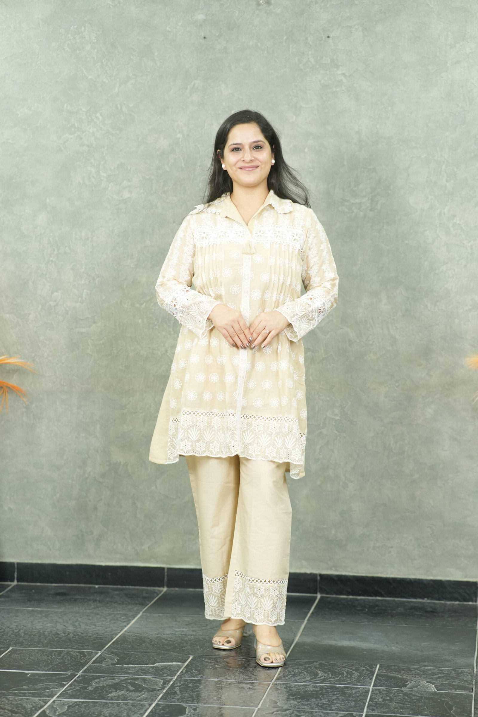 Kala Creation Women's Premium Chikankari Embroidered Cotton Co-Ord Set With Lace Detail