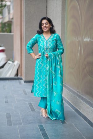 Kala Creation Turquoise Chevron Ethnic Suit Set With Dupatta