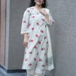Kala Creation Stylish White And Green Striped Cotton Kurta Set With Red Floral Print And Lace Hem Trousers