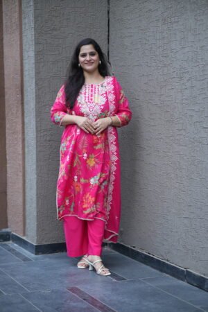 Kala Creation Pink Floral Printed White Embroidered Kurta With Pant And Dupatta Set