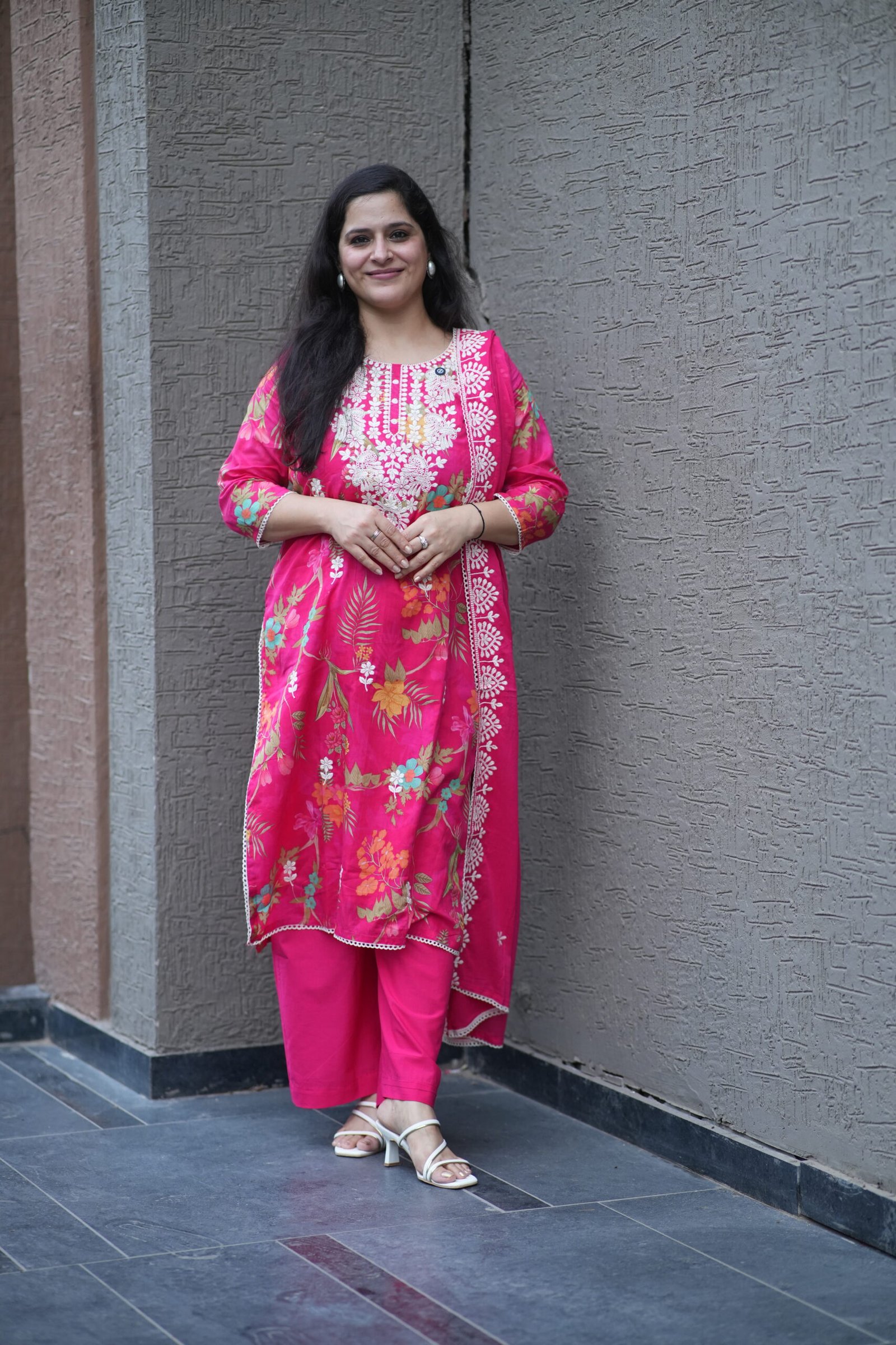 Kala Creation Pink Floral Printed White Embroidered Kurta With Pant And Dupatta Set