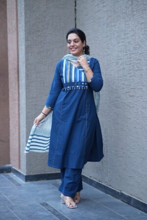 Kala Creation Elegant Indigo Blue Cotton Mirror Work Detailing Kurta With Pant And Dupatta Set