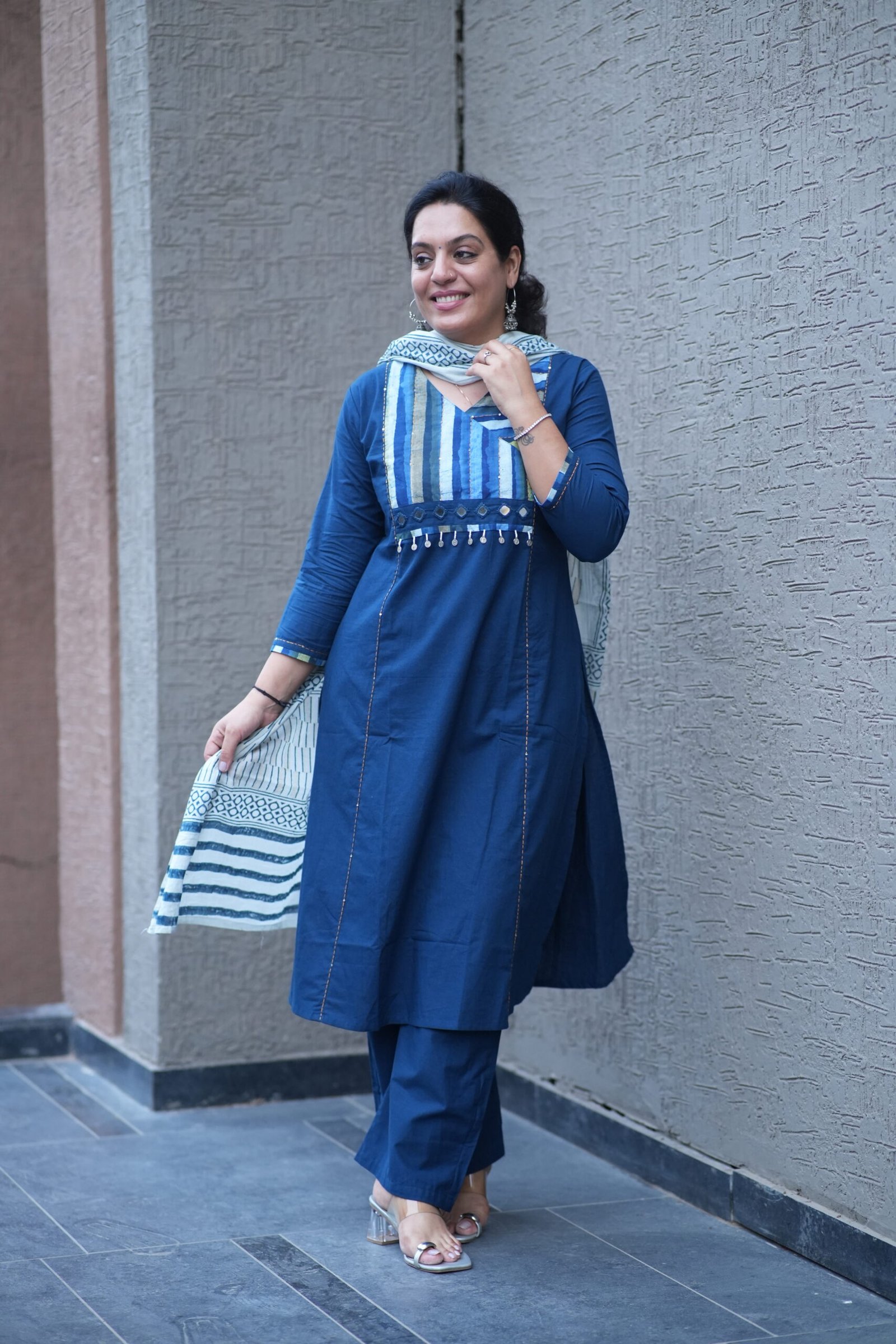 Kala Creation Elegant Indigo Blue Cotton Mirror Work Detailing Kurta With Pant And Dupatta Set